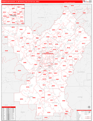 Birmingham-Hoover Metro Area Wall Map Red Line Style 2024